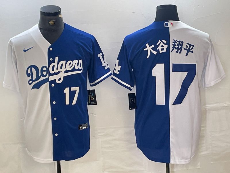 Men Los Angeles Dodgers 17 Ohtani White blue double Nike Game MLB Jersey style 3